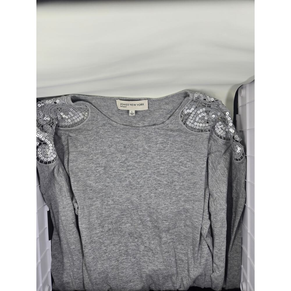 Jones New York Sport Grey Top Blouse Lace Shoulder Knit size large